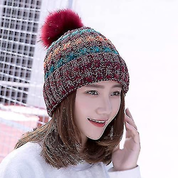 Winter Bobble Hats - Beanie Hat Cable Knitted Hat Wooly Thermal Colorful Faux Fur Bobble