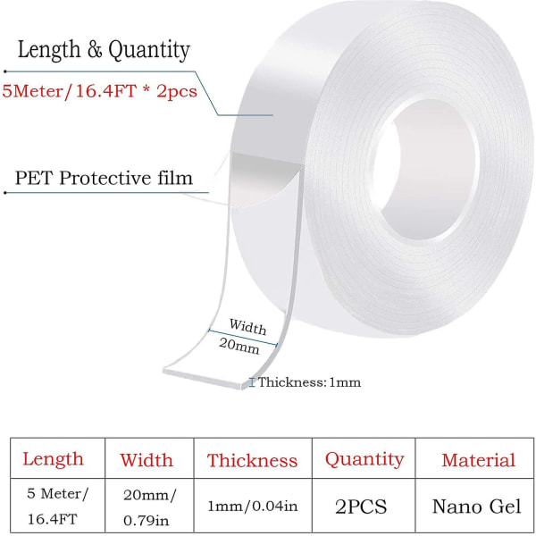 10m Double Sided Extra Strong Transparent Traceless Nano Tape Powerful, Removable, Washable, Reusable Double-sided Gel Tape For Carpet, Home, Kitchen,