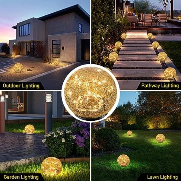 Puutarhan aurinkovalot, halkeileva lasipallo, vedenpitävä lämmin valkoinen LED ulkokoristeisiin, polku, patio, piha, nurmikko, 1 pallo (5,9 tuumaa)