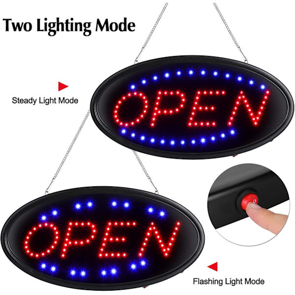 LED Åpent Skilt med Fjernkontroll, Ultra Lys Sterk Elektrisk Opplyst Skilt for Bedrifter, Tidtakerfunksjon, 2 Lysmoduser Blinkende & Stabilt
