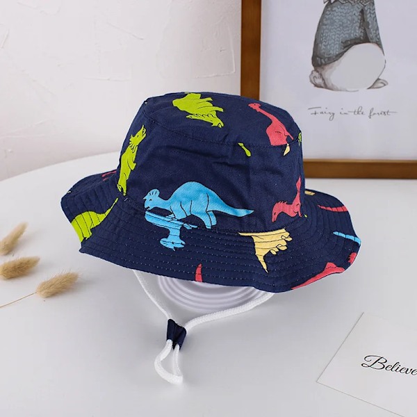 Baby Boys Girls Cartoon Fisherman Hat Summer Outdoor UV Protection Bucket Hat navy dinosaur 52cm