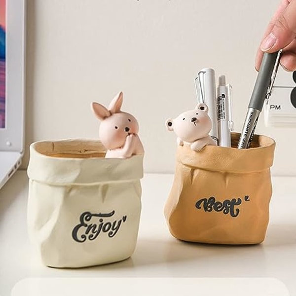 Søt liten brun pennholder Tegneserie dyr Blyant holder Mini skrivebord Oppbevaring Skrivebord dekorasjon arrangør for kontor Hjem