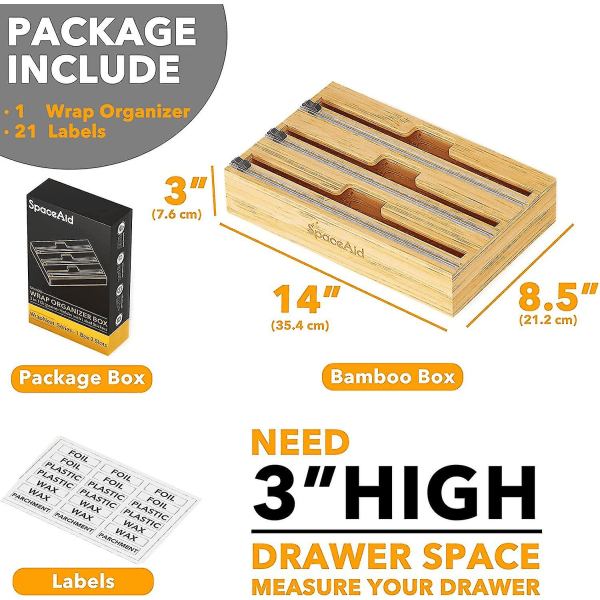 3 i 1 folieholder med skærer og etiketter, plastfolie, aluminiumsfolie og vokspapirdispenser (naturlig)