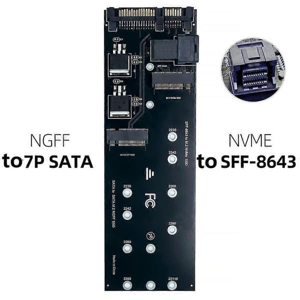 Dobbelkanals M.2 SSD-adapterkort NVMe til SFF-8643 M.2 SATA NGFF til SATA III-adapter for PC-serverarbeidsstasjon Ingen driver Black
