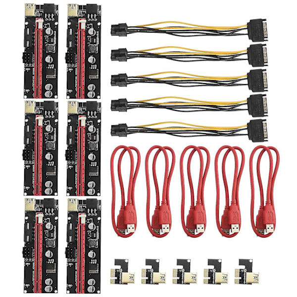 6 stk. Ver009 Usb 3.0 Pci-e Riser Ver 009s 1x Til 16x Extender Riser Adapter Sata 15pin Til 6 Pin