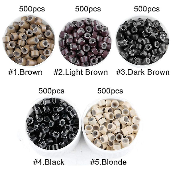 2500 stk. Mikro-ring-extensions, 5 mm silikonfôrede perler til menneskehår-extensions