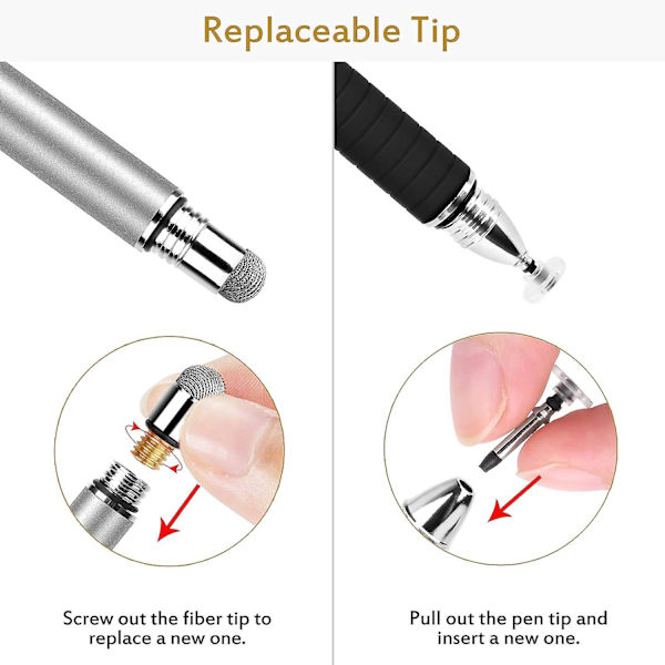 2-i-1 Stylus Precision Disc Styli Touch Screen Pen Med 3 Udskiftelige Spidser Til Ipads, Tablets, Iphones, Smartphones, Samsung Gala