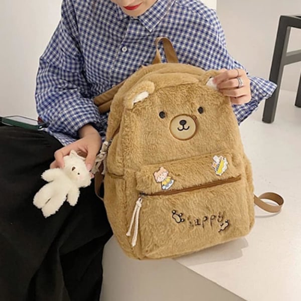Kawaii fluffig plånboksryggsäck plyschryggsäck lurvig estetisk väska luddig väska för flickor kvinnor fuskpäls resedagryggsäckar björndesign (brun)