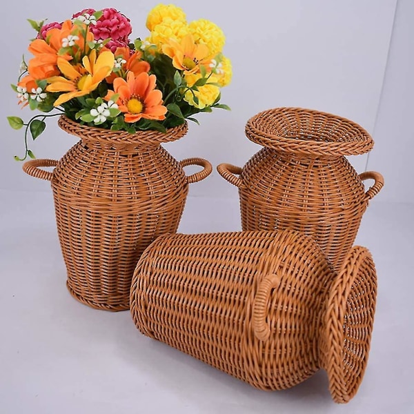 Flettet Vase i Rattan, Vævet Blomsterkurv, Lang Rustik Blomsterarrangement Holder, Kompatibel med Bryllupper, Hjemmeindretning (Lysebrun)