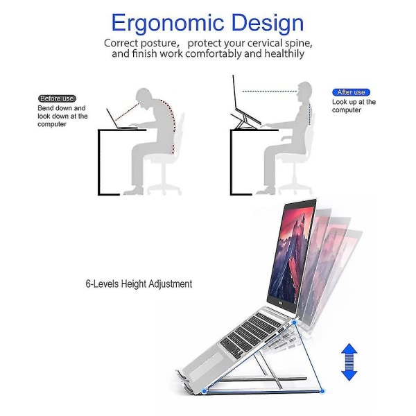 Bærbar stativ, aluminiumsstativ for bærbar PC, høydejusterbart sammenleggbart stativ (sølv)