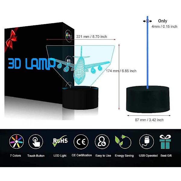 Flygplan Nattlampa 3d Illusion Lampa 7 Färgväxlande Touchkontroll Med Usb Kabel Led Bordskrivbordsdekoration Lampor Jul Födelsedagspresenter