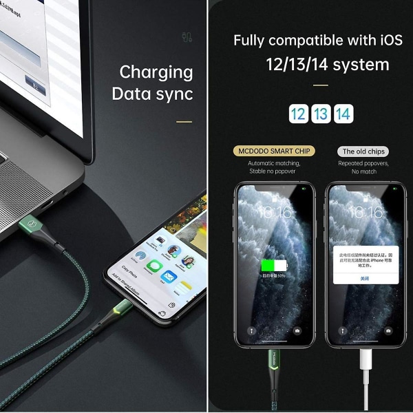 Usb til Lightning Iphone data- og ladekabel, støtter hurtiglading og datasynkronisering (grønn, 1,2 m), nylonflettet, usb-a, kompatibel med Iphone 13/13