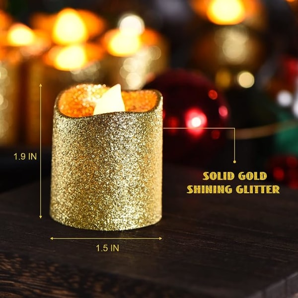 24 st Flamlösa Votivljus Alla hjärtans dag Glitter LED Tealight Ljus Batteridrivet Ljus Falskt Ljus för Guld Fest Dekoration Bröllop