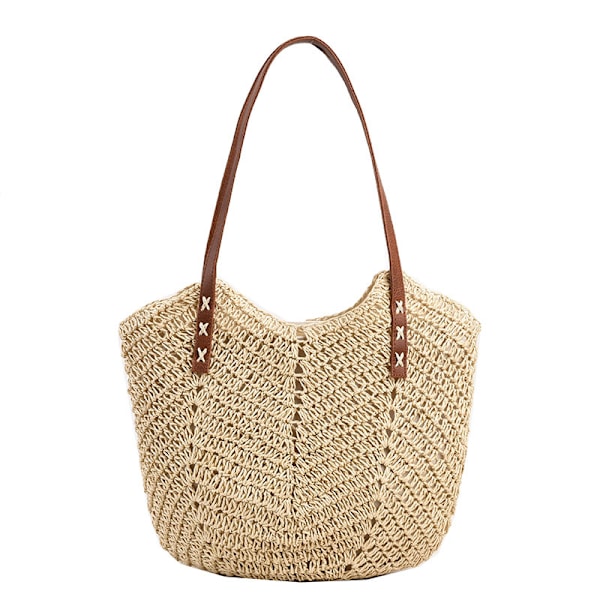 Kvinner Casual Halm Skulder Bag Hul Vevd Strand Bag Rattan Ferie Tote Bag Stor Kapasitet Reise Håndveske beige