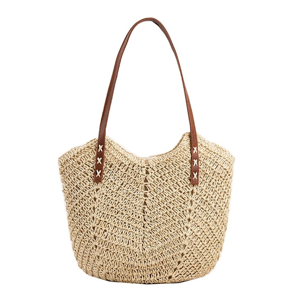 Kvinnor Casual Halm Axelväska Ihålig Väv Strandväska Rotting Semester Tote Väska Stor Kapacitet Resväska beige