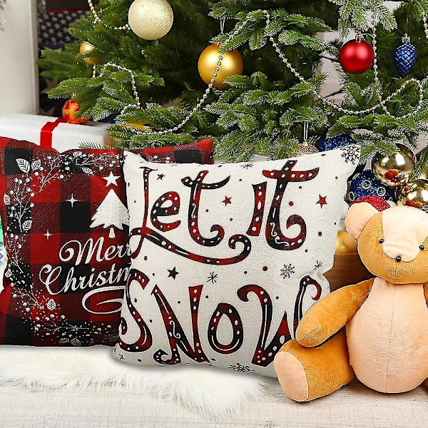 Julkuddar 18x18 tum, 4-pack, lantlig stil, svart och röd buffelrutig