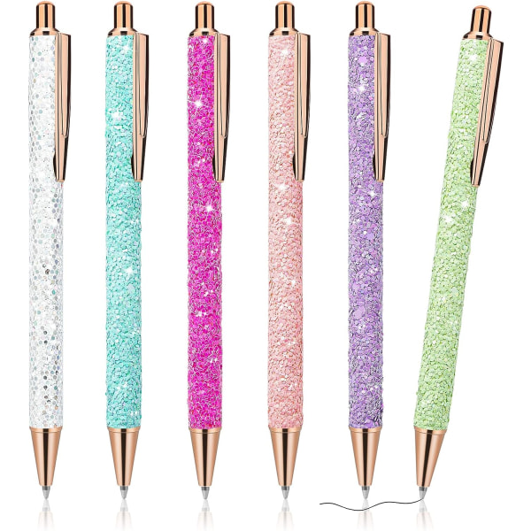 6 stk. Bling glitrende metallpenner, innfellbare kulepenner søte glitter 1,0 mm svart blekk fin spiss gave skriving journalføring student