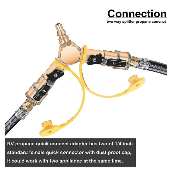 1/4 tommer Rv Propan Quick Connect Y-splitter Adapter med afspærringsventil Fuldstrømsprop 2-vejs Lp Gas