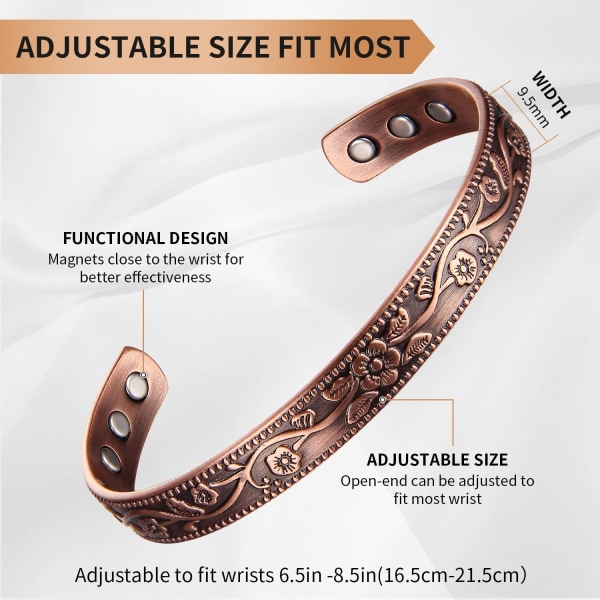 Kobber Magnetisk Armbånd til Kvinder, 99,99% Rent Kobber Manchet Armbånd med 3500 Gauss Magneter, Justerbar (Kobber)