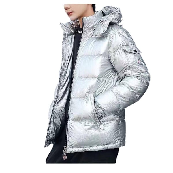 Mænds Vinterjakke Blank Stående Krave Vandafvisende Hættejakke Sort Sort Sort Sort S silver XL