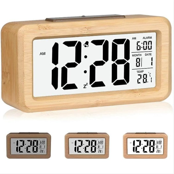 Enkel att ställa in bambu digital väckarklocka med temperatur, datum, bakgrundsbelysning, snooze, för sovrum, sängbord, hem, kontor