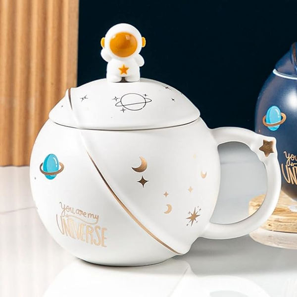 Söt Astronaut Mugg Med Lock Och Sked, Kawaii Kopps Nostalgisk Mugg För Kaffe, Te Och Mjölk, Mugg Present Vit 400ml/15oz