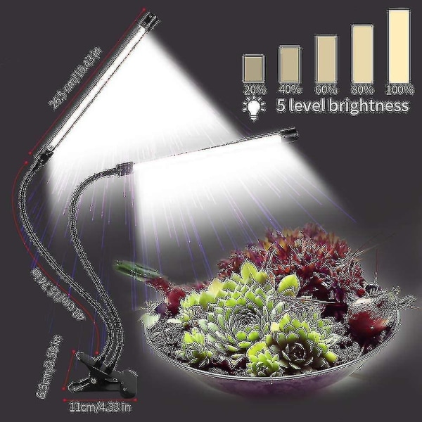 Vækstlys, sollys hvid 50w 84 Led dobbelthovedet klemme plantelys, 4/8/12h timer & 5 dæmpbare niveauer fra Chuai Du