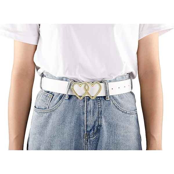 Dam Kvinnors Läder Midjebälte Mode Casual Jeansbälte med Dubbel Hjärtaformad Spänne Klänning Byxor