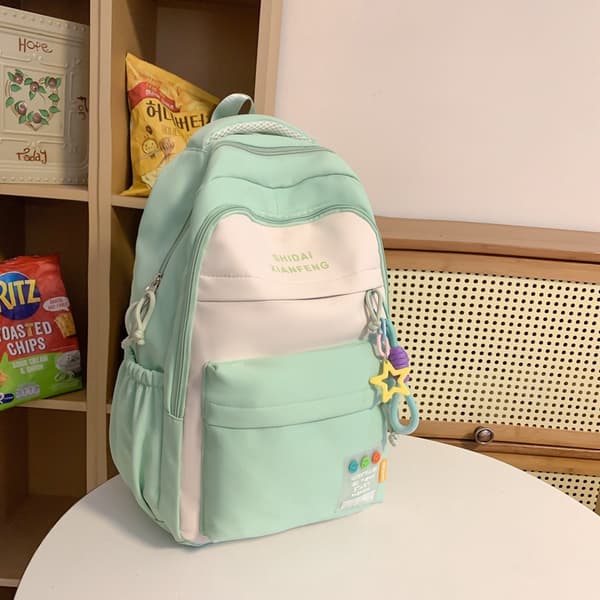 Junior High School Student Backpack 3-6 Grades Contrast Backpack for Primary School Students and Female Campus Green + Pendant