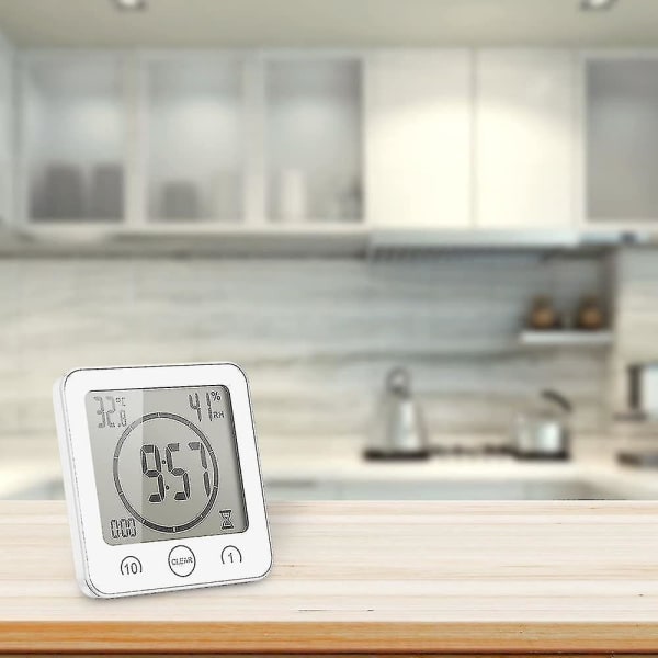 Baderomsklokke, digital LCD-alarm med vanntett berøringsdusjklokke, temperaturfuktighet, nedtellingstidtaker, 3 monteringsmetoder, batteridrevet (hvitt