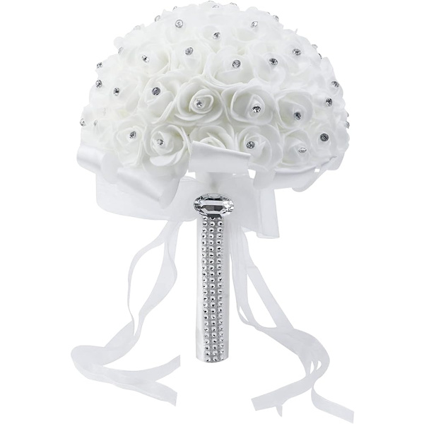 Hvit Rhinestone Bånd Brudeslør Bryllupsbukett Håndlaget Kunstig Silke Holdende Blomster til Bryllup