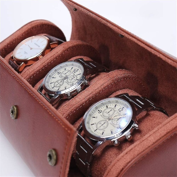 3 Fack Watch Box Retro PU Läder Klockrulle Resväska Elastisk Klockorganisatör Hållare Smycken Förvaringslåda För Klocktillbehör Brun
