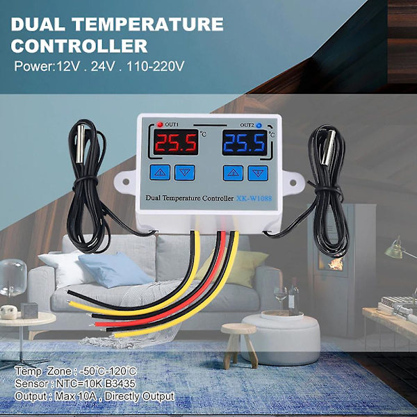 Dobbelt digital termostat temperaturregulator to relæudgang termoregulator til inkubator opvarmning køling Xk-w1088 Dc24v