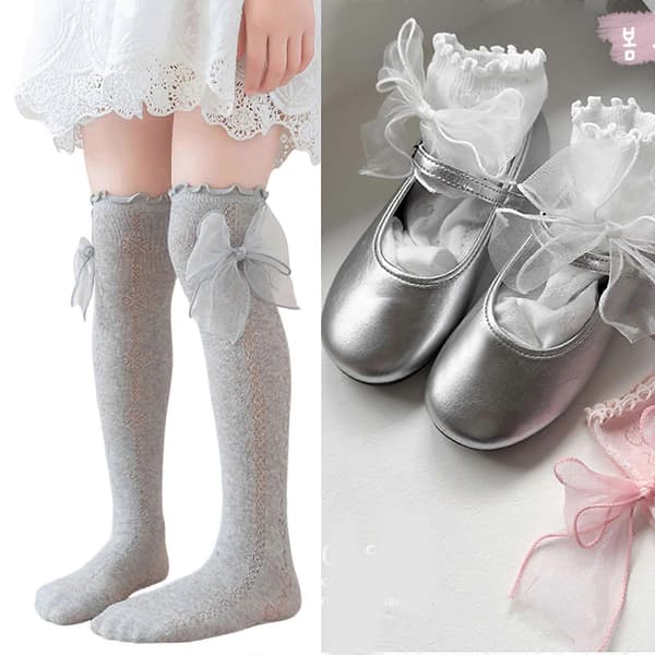 Bomuldssløjfe Over Knæstrømper Lange Strømper til Pige Åndbare Strømper Blonde Kalvestrømper Bomuldsstrømper Sorte Strømper længde 35CM Black Socks length 35CM