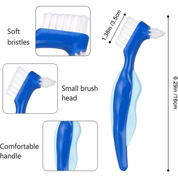 Premium hård protesebørste Tandbørste, bærbar protese dobbeltsidet børste, flerlags børster i 3 forskellige farver, vedligehold den