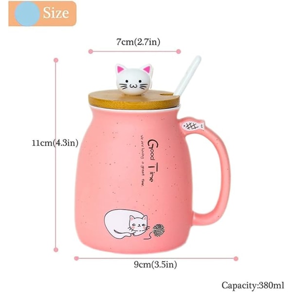 Søte keramiske katter med skje og trelokk, tekopp kaffe vann melkekopp for hjemmekontor drikkevaregave (rosa)