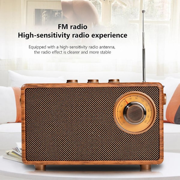 Retro FM-radio, bärbar, trä, Bluetooth-högtalare, bas, handsfree, MP3-spelare, stöd för USB/TF-kort/AUX-uppspelning