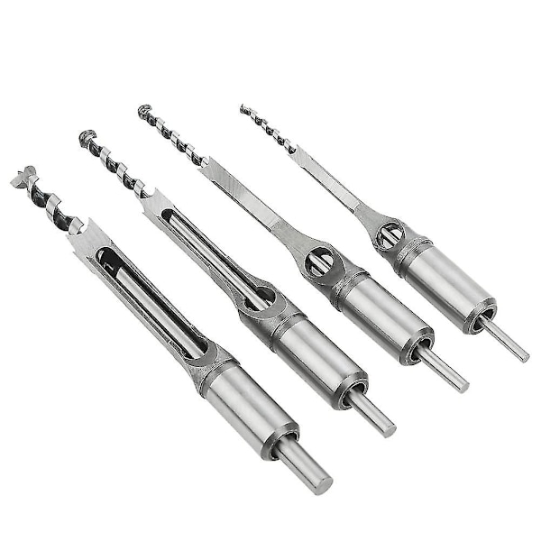 Fyrkantiga hålborr, 4 st träbearbetning mejsel fyrkantiga borr, spiralborr set mejselpress, träborr set mellanhålborr (6,4 mm / 8