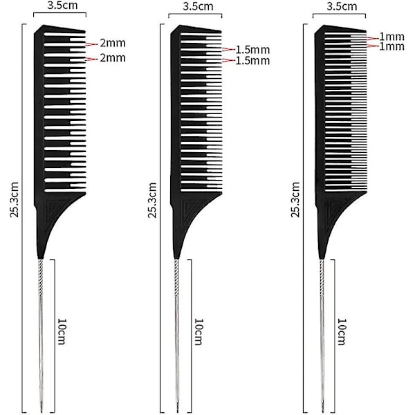 3 storlekar Premium Highlighter Kam Set Professionell Flätad Styling W/ Rat Tail Kam (svart)