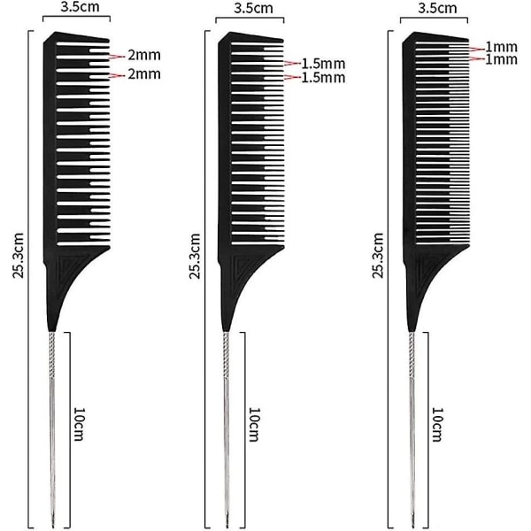 3 størrelser Premium Highlighter Kam Sæt Professionel Flettet Styling W/ Rottehale Kam (sort)