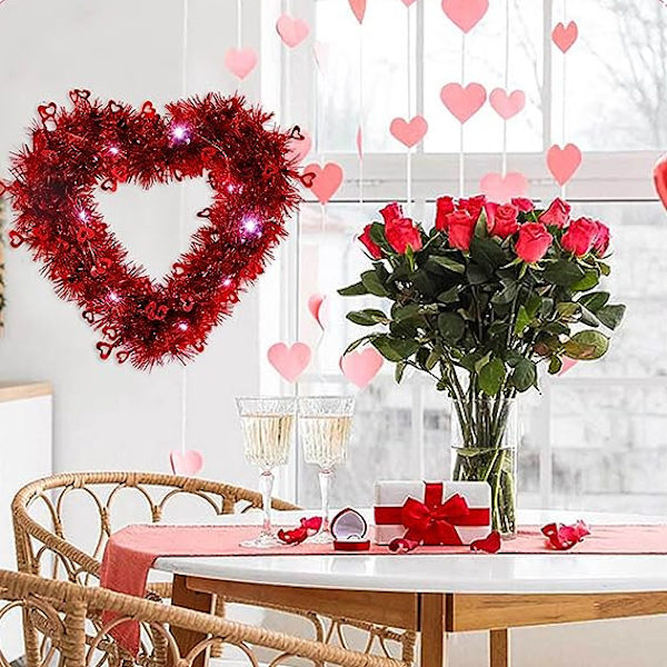 Hjerteformet krans til Valentinsdag - Krans til inngangsdøren - Valentinsdag hjerteformet kransdekorasjon - Ornamenter - Kjærlighetshjerteformet hengende krans