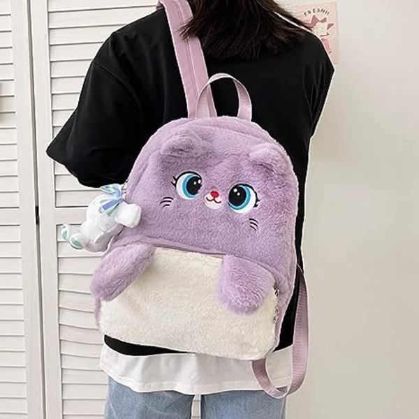 Kawaii Katt Plysch Ryggsäck Söt Berlock Flicka Tonåring Kvinna Katt Öra Ryggsäck Fuzzy Väska Mysig Bokväska Laptop Skolväska (Lila)