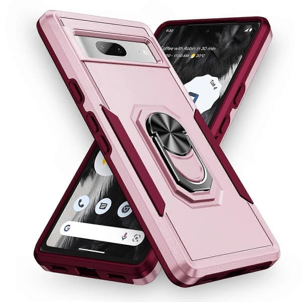 Til Google Pixel 7a-deksel Militærgradert ringstativ PC + TPU-telefondeksel Pink/Rose