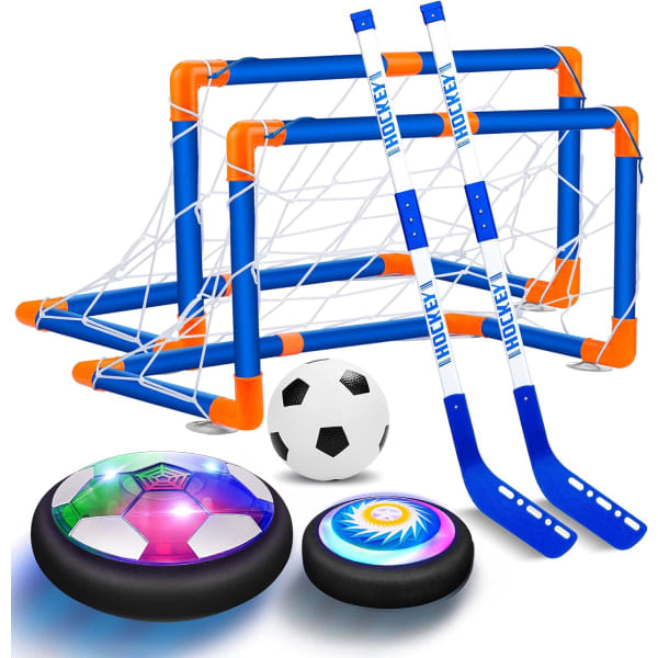 Hoverhockey- och fotbollssats för barn med 3 mål, uppladdningsbar flytande luftfotboll med LED-lampa och skumstötdämpare