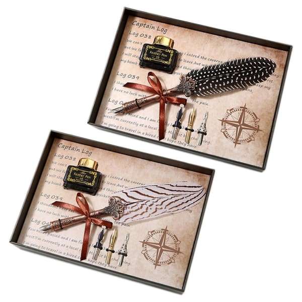 Vintage Feather Quill Dip Pen Fyllepenner med blekk +3 Nibs Sett Skrivesaker Gave