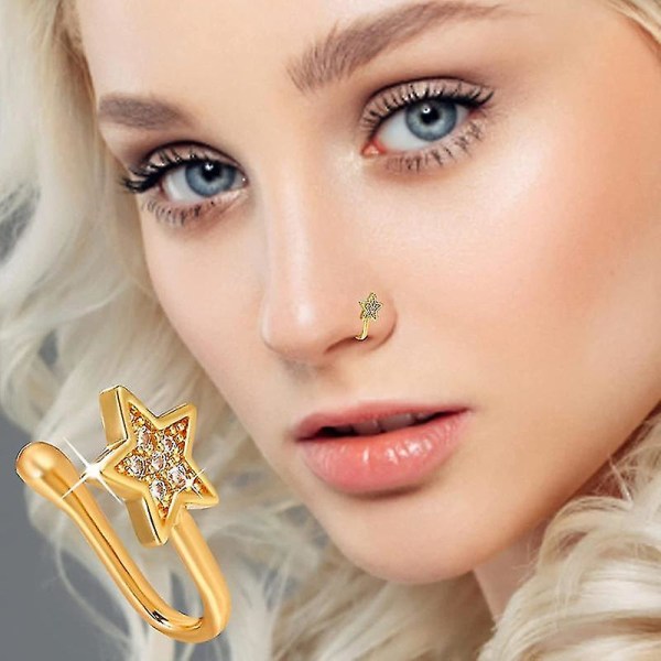 Näsringar med glänsande strass pentagram, 2022 nya näsringar hoops falska näsringar clip on cirkel näsa falska näs piercingar Fashio