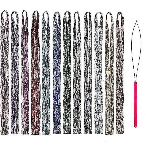 Hair Tinsel Kit Strands With Tool 47inch 12 Colors Strands Fairy Hair