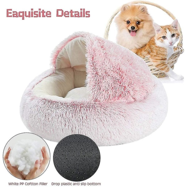 Fluffy katteseng, rund, myk plysj, hule med hette, katteseng, for vinteren, varm, sovepute, sklisikker, maskinvaskbar, for