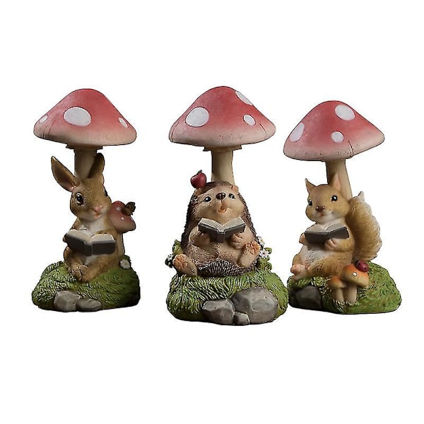 Havefigur af Svampe og Pindsvin med Solcelle, Havedekoration i Resin