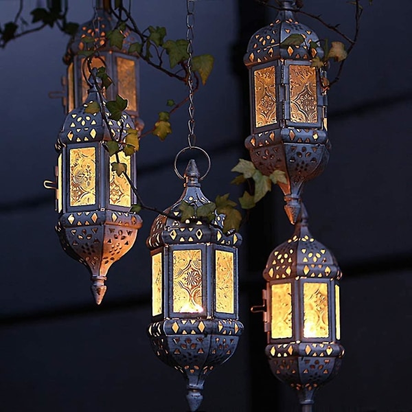 2 stk hengende stearinlyslykt retro marokkansk lysestake hul metall glass lysestake